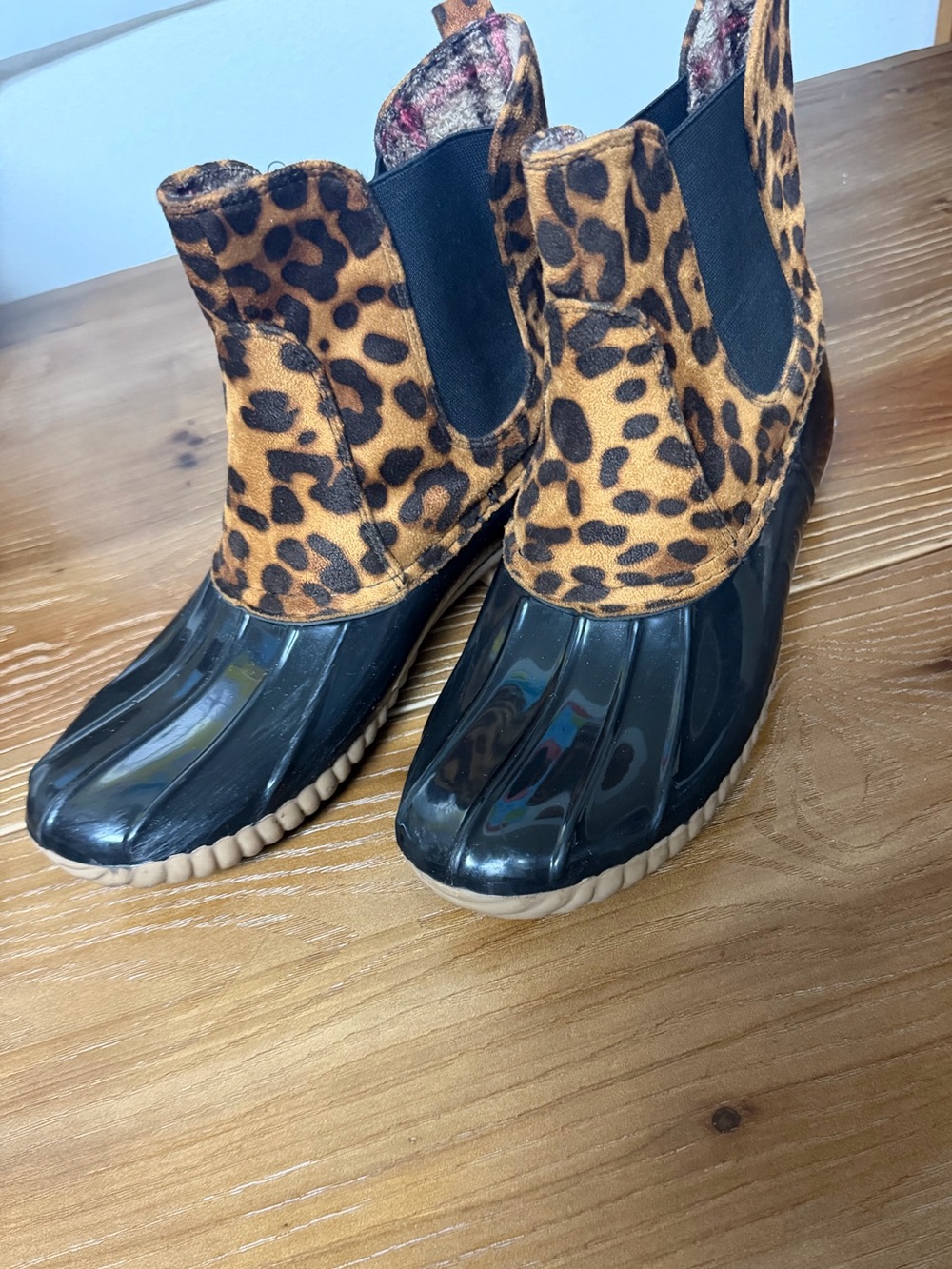 Leopard Print Duck Boots - Black & Tan Women's Ankle Boots
